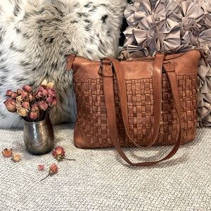 Vilenca Holland Dark Tan Light Brown Woven Leather Laptop Tote Bag Purse